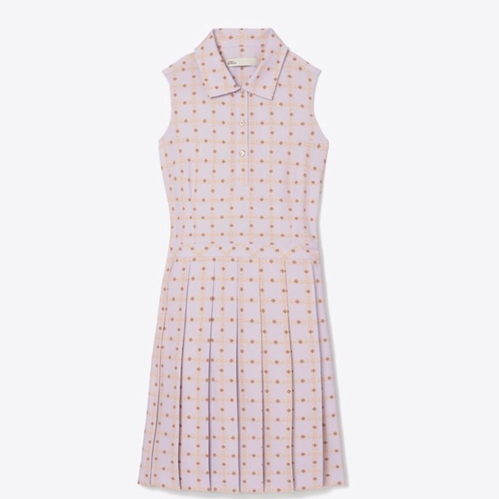 Tory Burch printed performance pleated golf dress in dusty lavender.